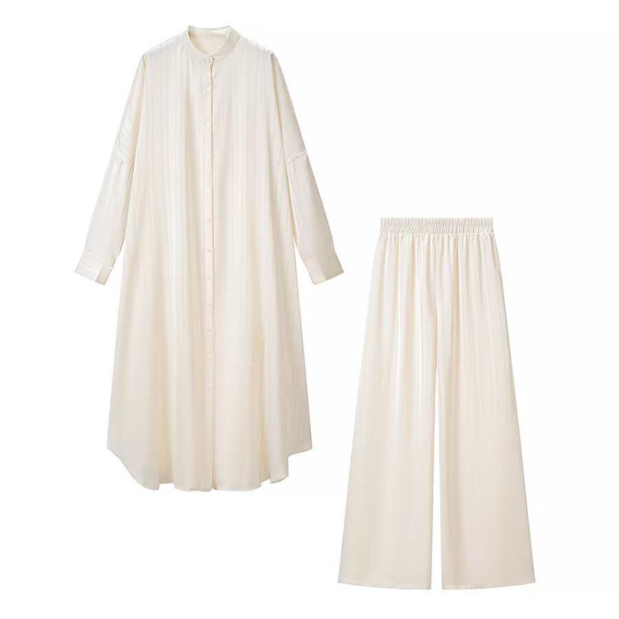 Women's Oversize Shirt Dress with Continuous Button Placket and Wide Pleated Trousers in Lounge Set Amarae