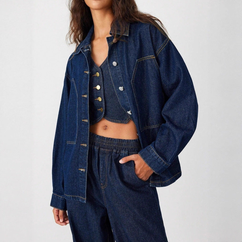 Women's Oversized Denim Jacket with Distinctive Front Pockets and Relaxed Fit Amarae