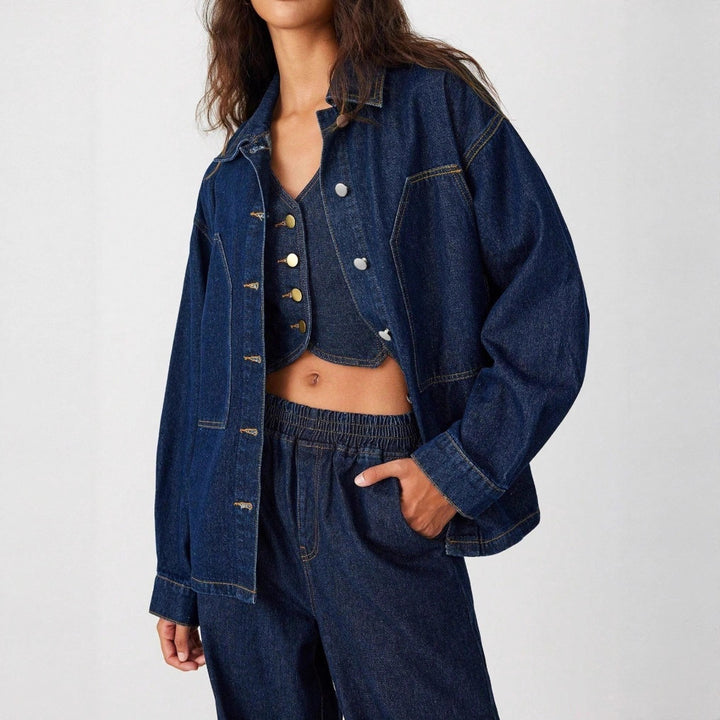 Women's Oversized Denim Jacket with Distinctive Front Pockets and Relaxed Fit Amarae