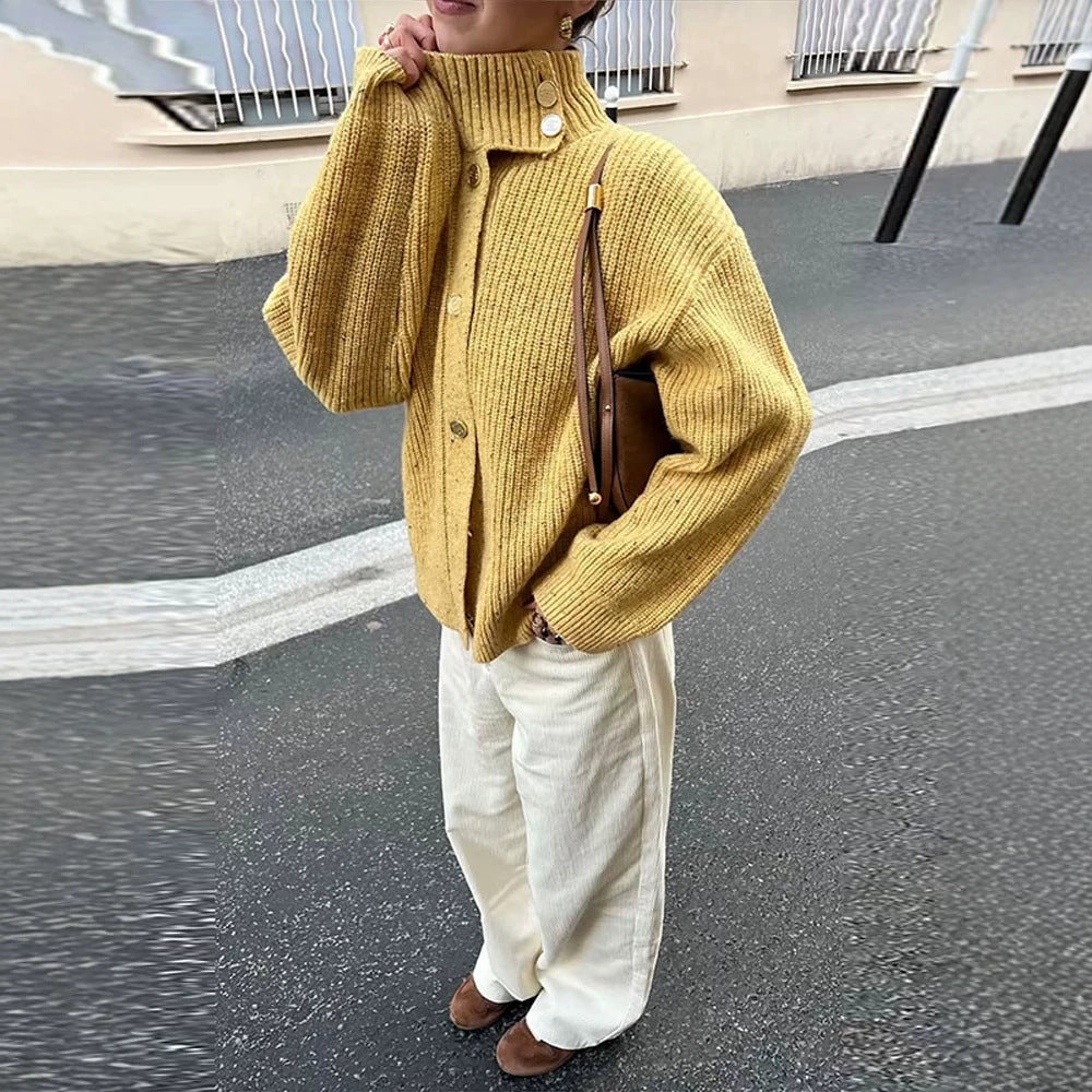 Women Oversize Cardigan with Rib Structure and Stand-Up Collar Amarae