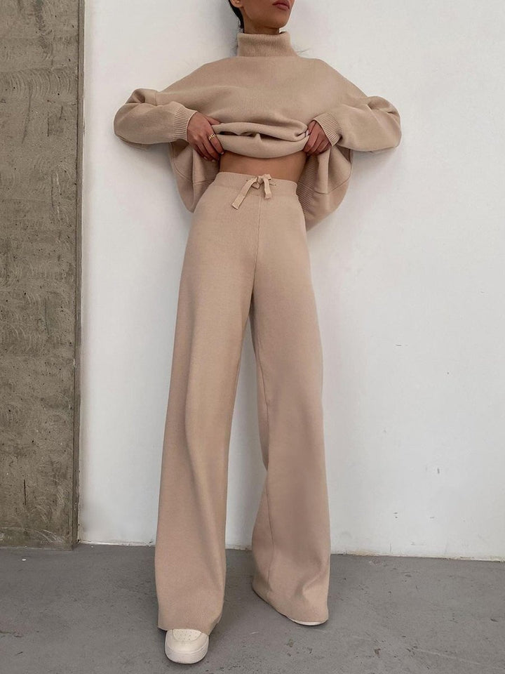 Women Wide Knit Pants with High Waist, Drawstring, and Wide Leg Amarae