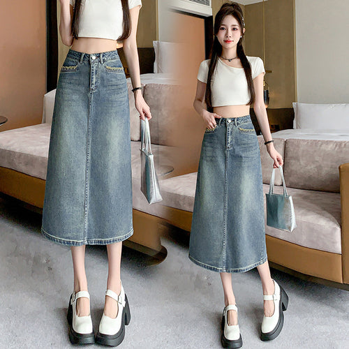 Jupe midi en denim pour femmes avec ourlet évasé Chic & Stil