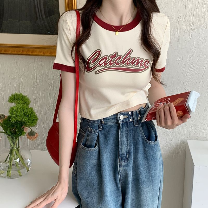 Women’s Casual Crop Top with Contrasting Sleeves and Creative Print Lune London