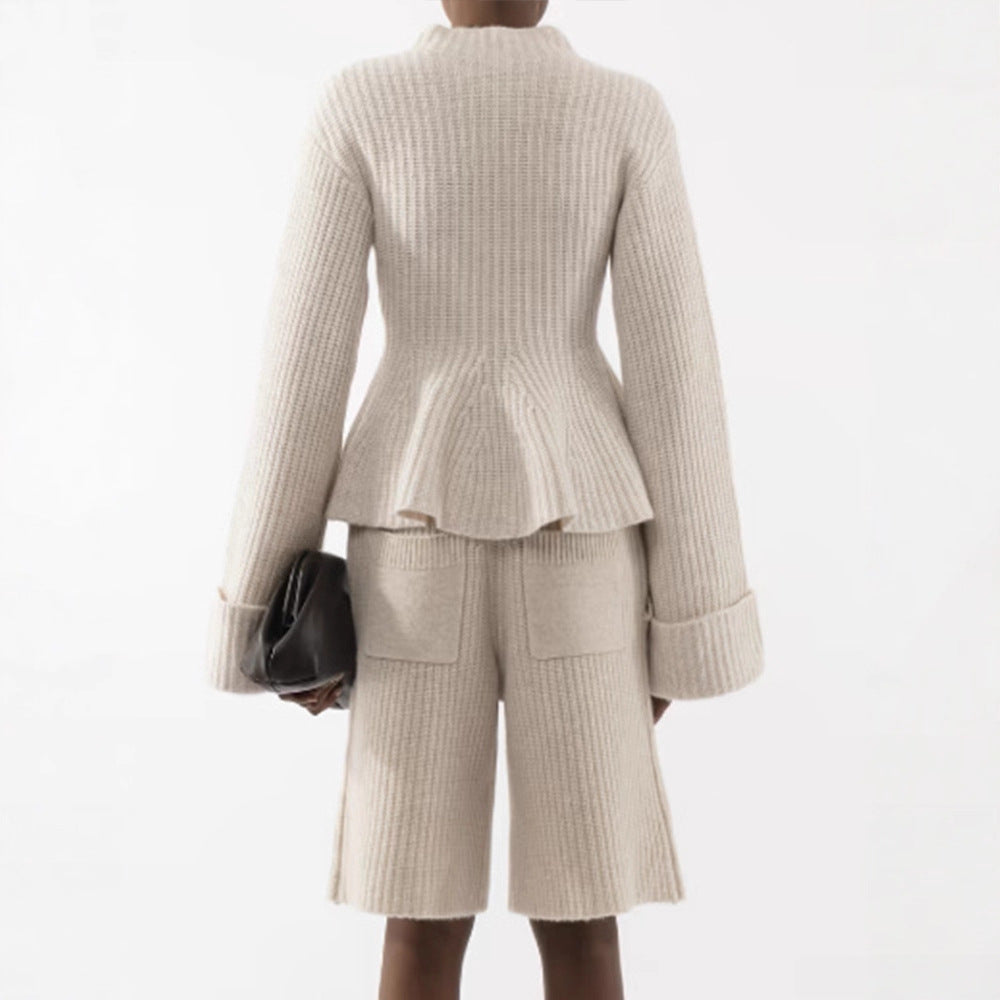 Women's fine knit two-piece set with fitted peplum sweater and high-waist bermuda Amarae