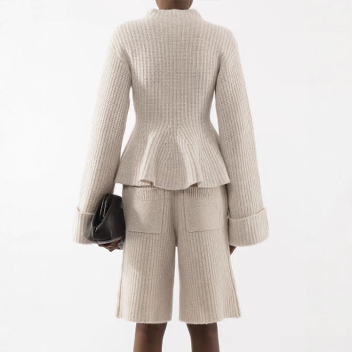 Women's fine knit two-piece set with fitted peplum sweater and high-waist bermuda Amarae