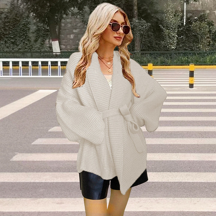 Women's chunky knit cardigan with a modern wrap design and a wide collar Lune London