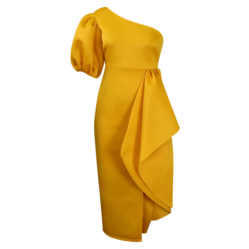 Ladies Elegant One-Shoulder Dress with Draped Fluid Chic Element and Style