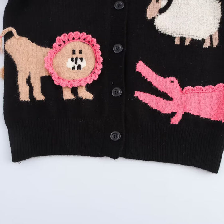 Ladies knit cardigan with playful animal intarsias and 3D applications Amarae