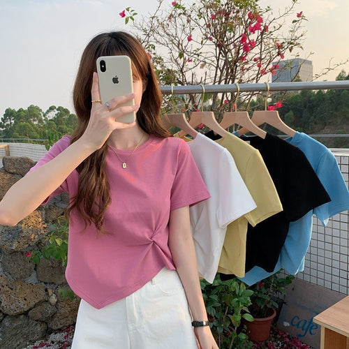 Ladies Cropped T-Shirt with decorative knot design and modern cut