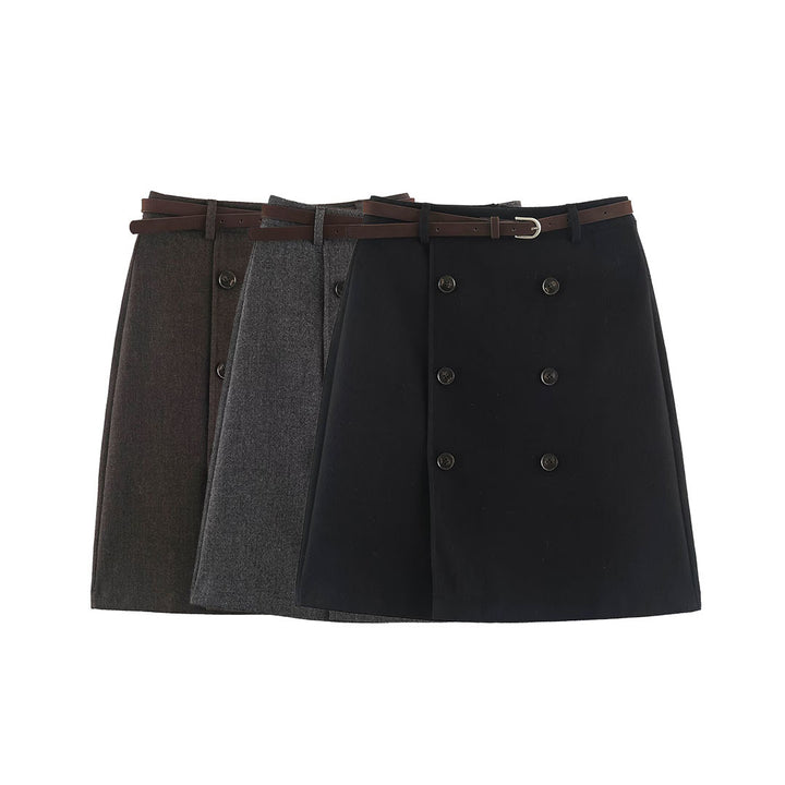 Women's midi skirt in A-line cut with double-breasted button placket and waist belt Amarae