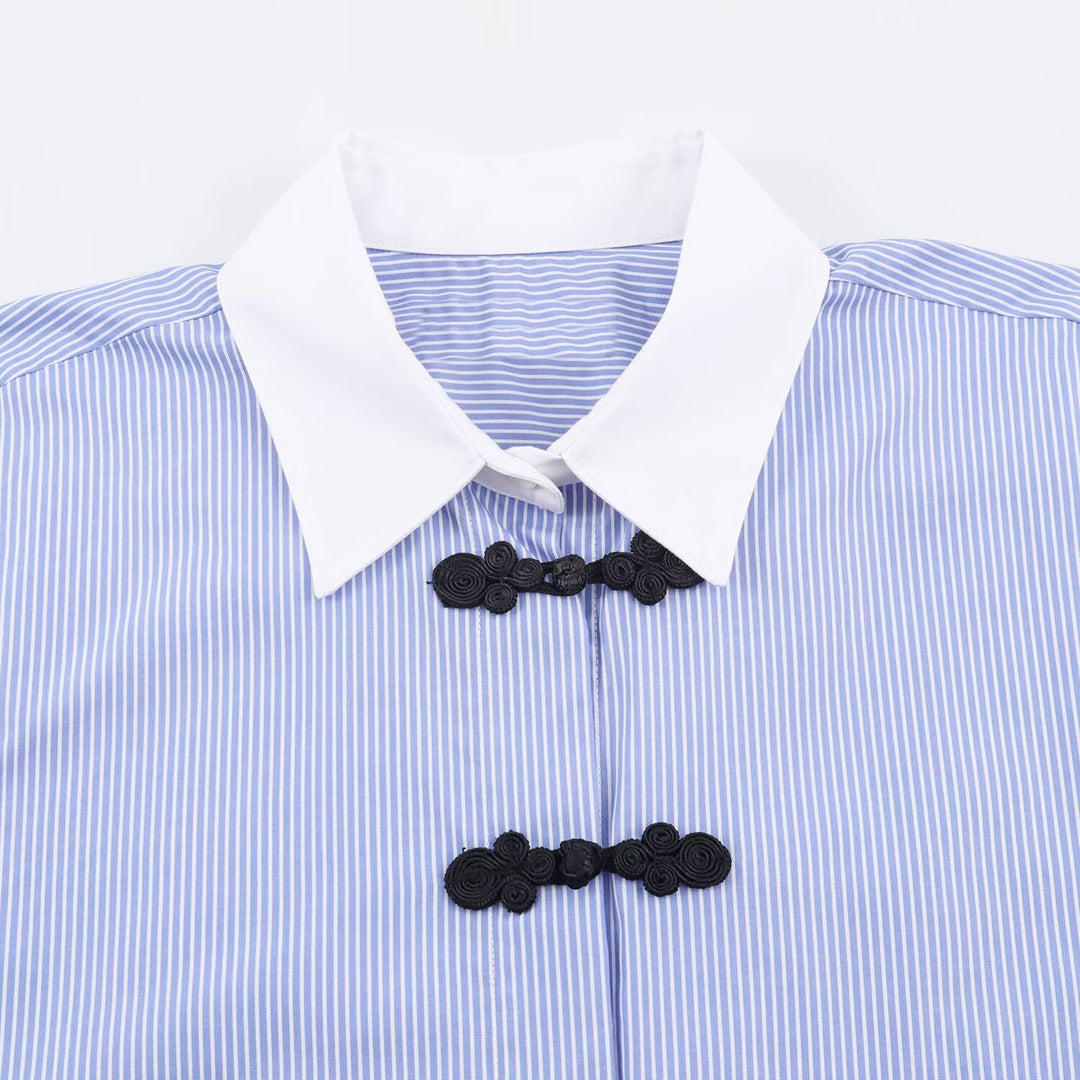 Women's Striped Oversize Blouse with Contrast Collar, Cuffs and Decorative Knot Closures Amarae
