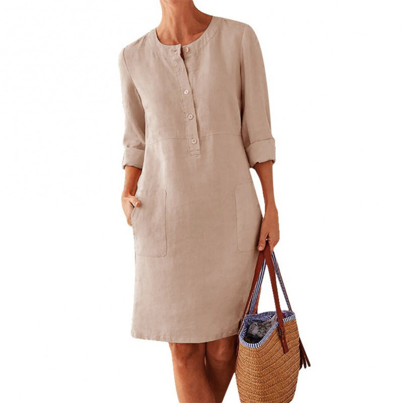 Women loose-fitting linen-look dress with three-quarter sleeves, button placket and side pockets Amarae