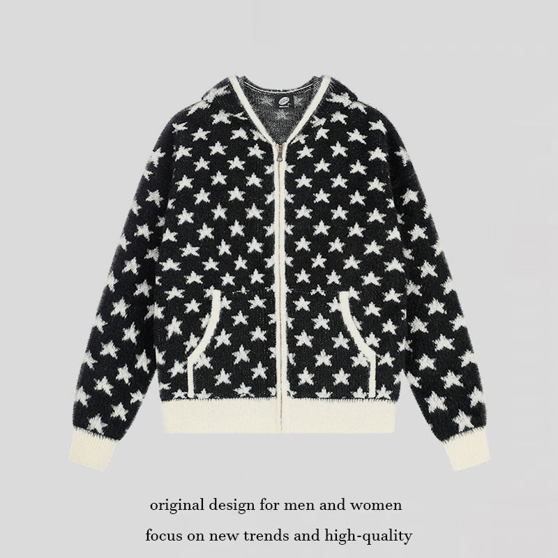Women Fluffy Knit Zip Jacket with Allover Star Pattern, Kangaroo Pockets and Ribbed Cuffs Amarae