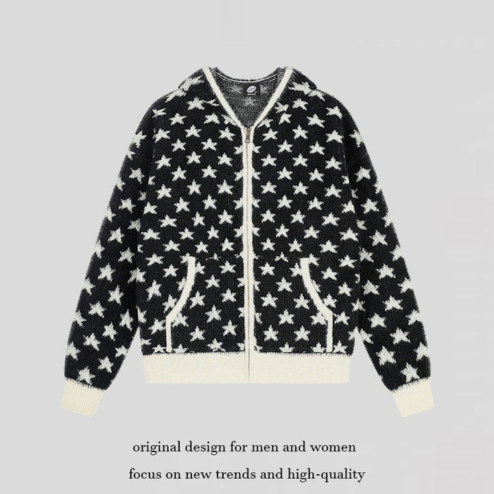 Women Fluffy Knit Zip Jacket with Allover Star Pattern, Kangaroo Pockets and Ribbed Cuffs Amarae