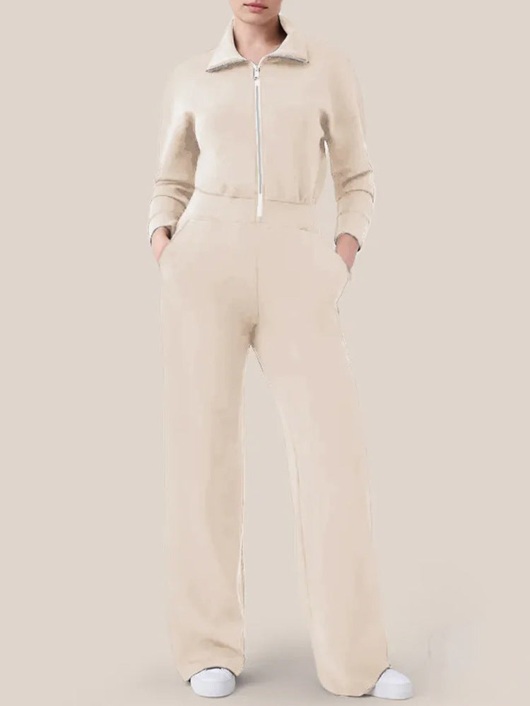 Ladies Luxurious Lounge Jumpsuit with elegant high collar and convenient zipper Lune London