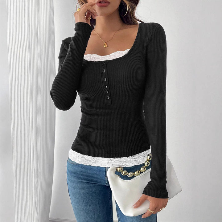 Women’s ribbed top with deep scoop neckline, decorative button placket and lace insert Amarae