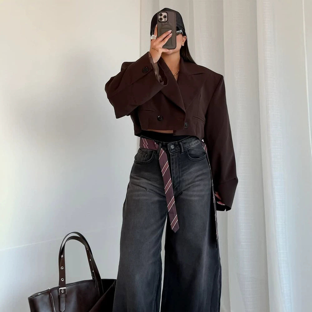 Women Cropped Boxy Short Blazer with Boxy Silhouette and Extra Long Sleeves Amarae