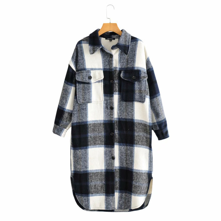 Women Checkered Longline Shirt Jacket Coat with Patch Pockets Amarae