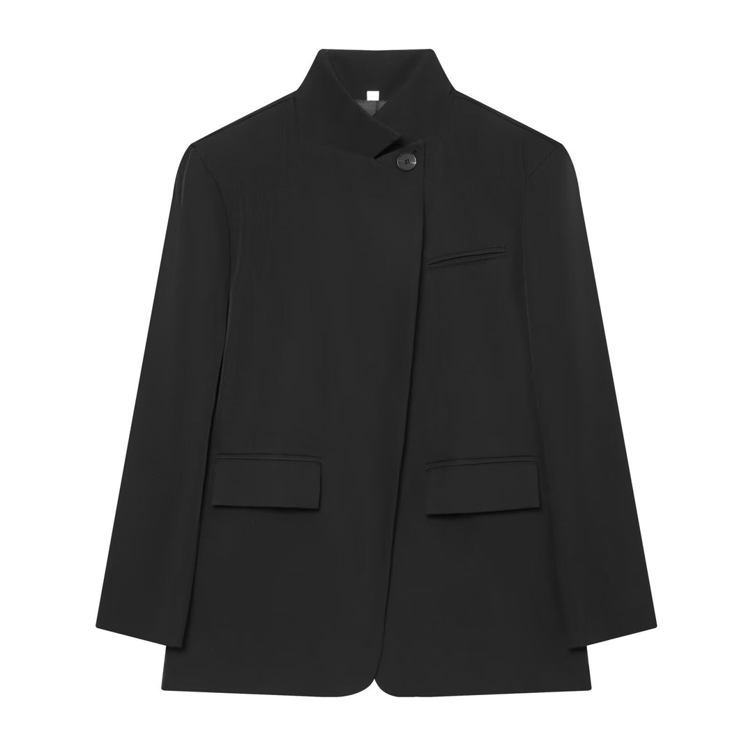 Women Checked Long Blazer with Stand Collar, Concealed Button Placket and Flap Pockets Amarae