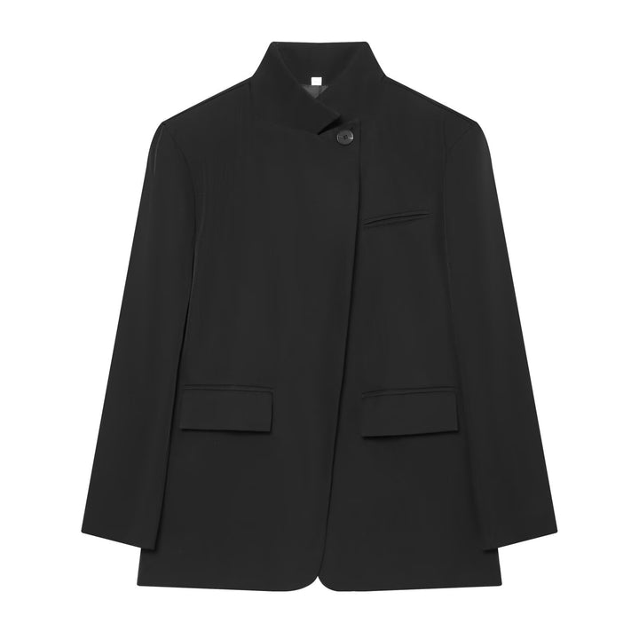Women Checked Long Blazer with Stand Collar, Concealed Button Placket and Flap Pockets Amarae
