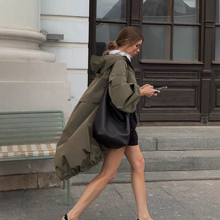 Women Oversized Utility Hooded Jacket with Drawstring, Flap Pockets and Elastic Cuffs Amarae