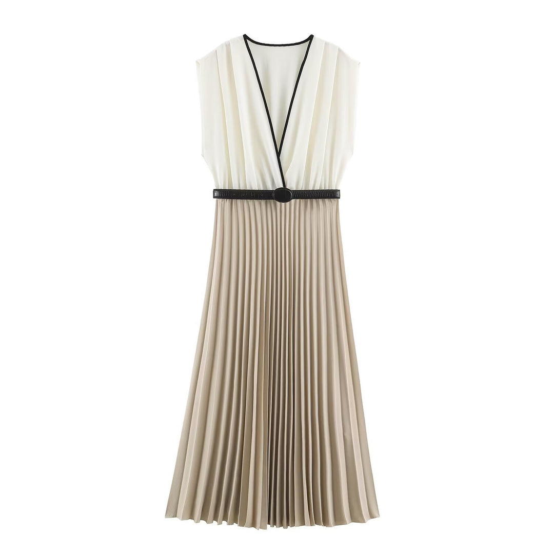 Women's Pleated Midi Dress with Wrap V-Neck and Waist Belt Amarae