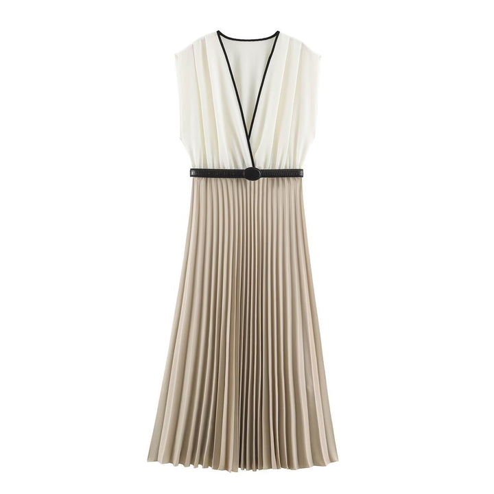Women's Pleated Midi Dress with Wrap V-Neck and Waist Belt Amarae