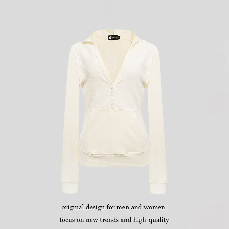 Ladies Thermo Waffle Knit Hooded Pullover with Henley Button Placket and Kangaroo Pocket Amarae