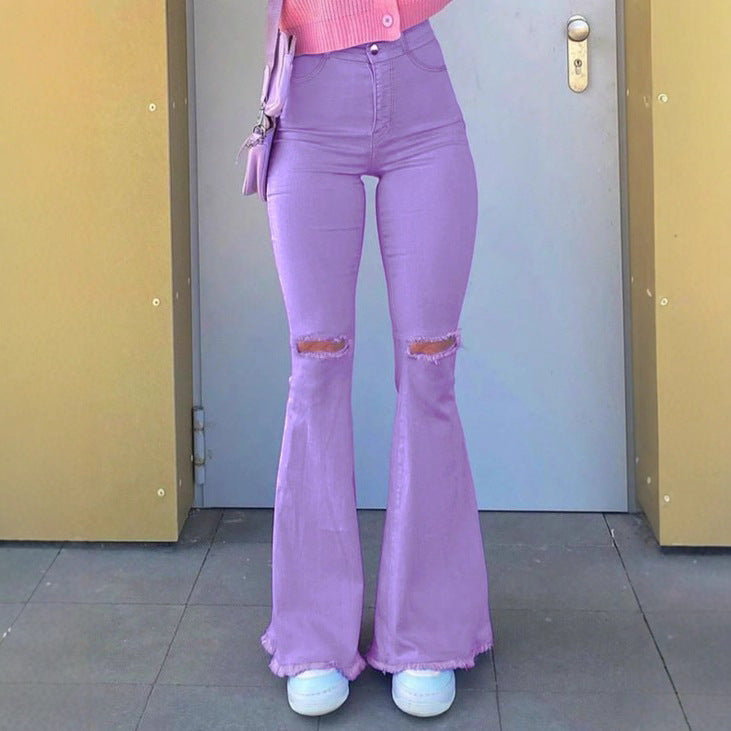 Women High-Rise Stretch Flared Jeans with Knee Rips, Flared Leg and Raw Hem Amarae