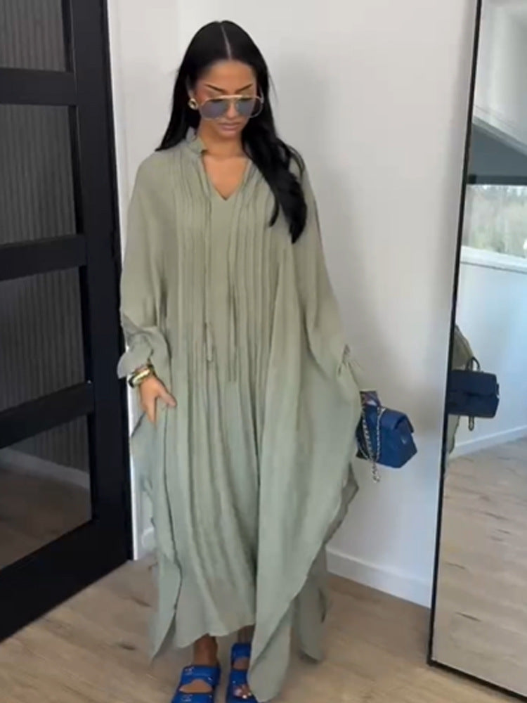 Women's maxi dress in kaftan style with ruffled collar, tie straps, and voluminous sleeves Amarae