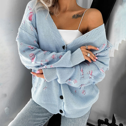 Oversized knit jacket for women with a floral design and a relaxed fit Amarae