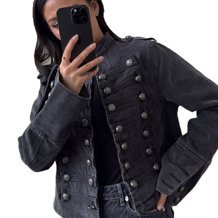 Women's Short Denim Jacket with Parade Trim and Decorative Button Placket Amarae