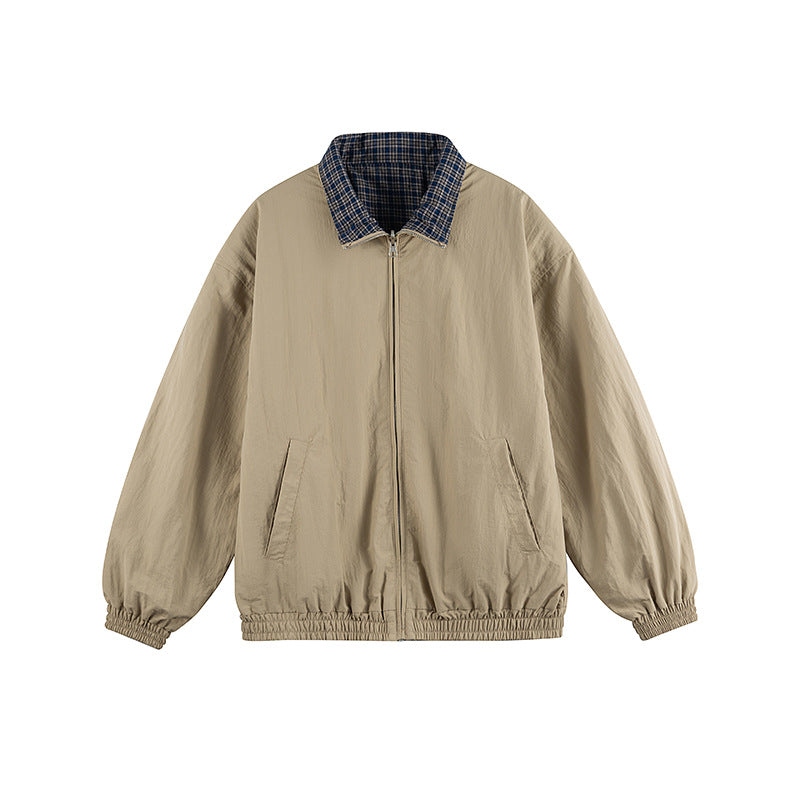 Unisex Lightweight Oversized Zip Jacket in Bomber Style with Checkered Collar and Elastic Cuffs Amarae