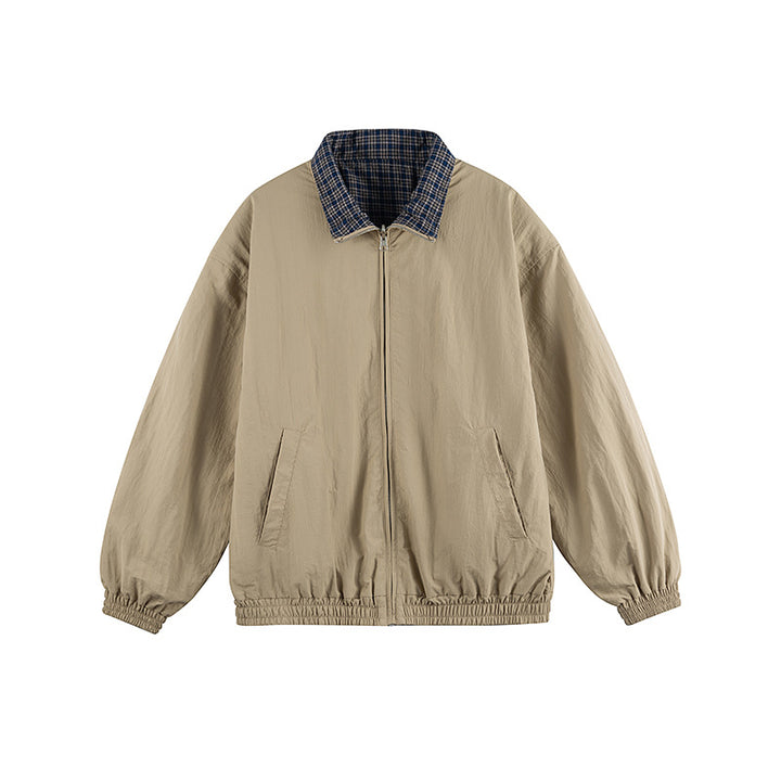 Unisex Lightweight Oversized Zip Jacket in Bomber Style with Checkered Collar and Elastic Cuffs Amarae