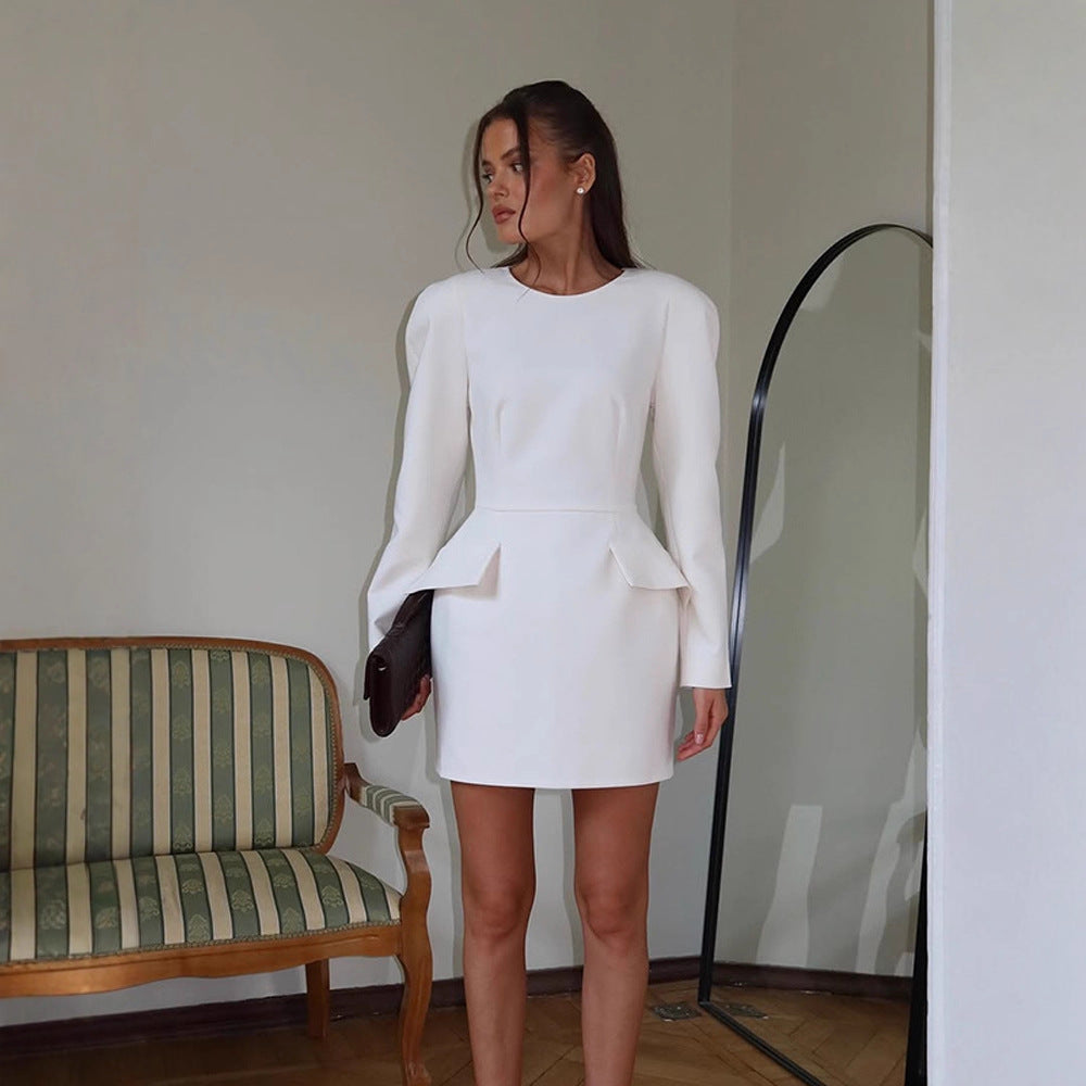 Women Tailored Minidress with Structured Shoulders, Long Sleeves and Suggested Peplum Amarae