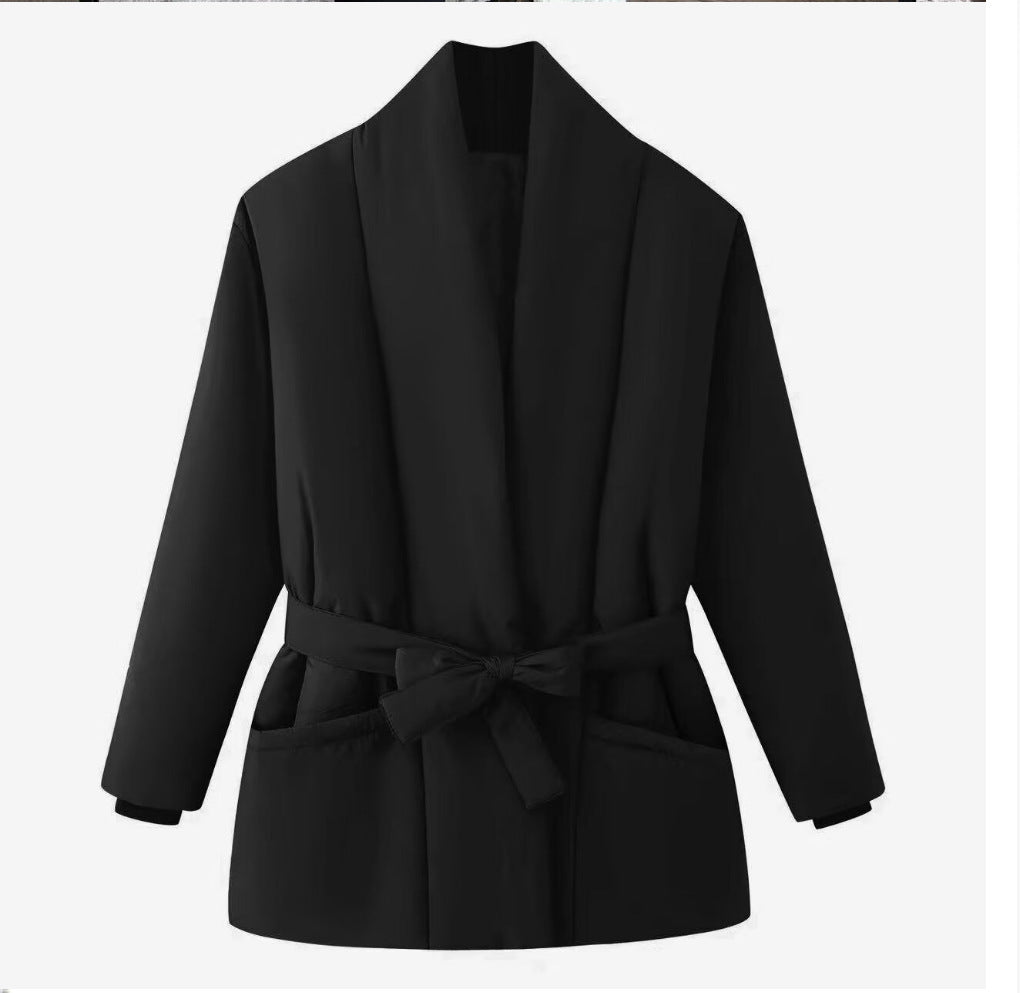 Ladies Quilted Short Jacket with Shawl Collar and Waist Belt Amarae