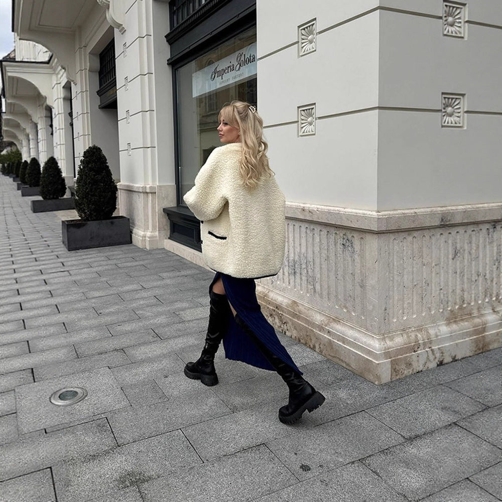 Faux fur jacket for women with a modern cut and practical button details Lune London