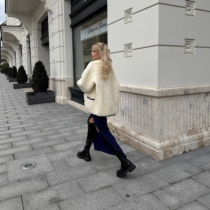 Women Boxy Teddy-Fleece Jacket with Toggle Fastenings and Contrast Edges Amarae