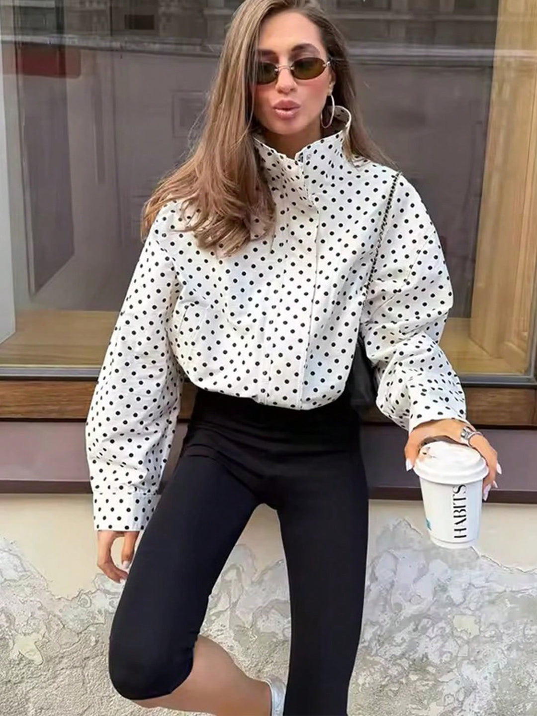 Women Polka Dot Blouse with Stand-up Collar and Balloon Sleeves Amarae