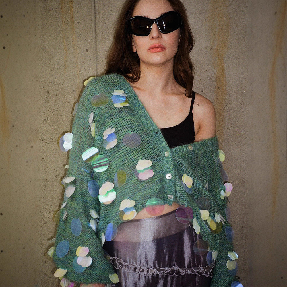 Women's Chunky Knit Mohair Cardigan with Oversized Sequins and Boxy Silhouette Amarae