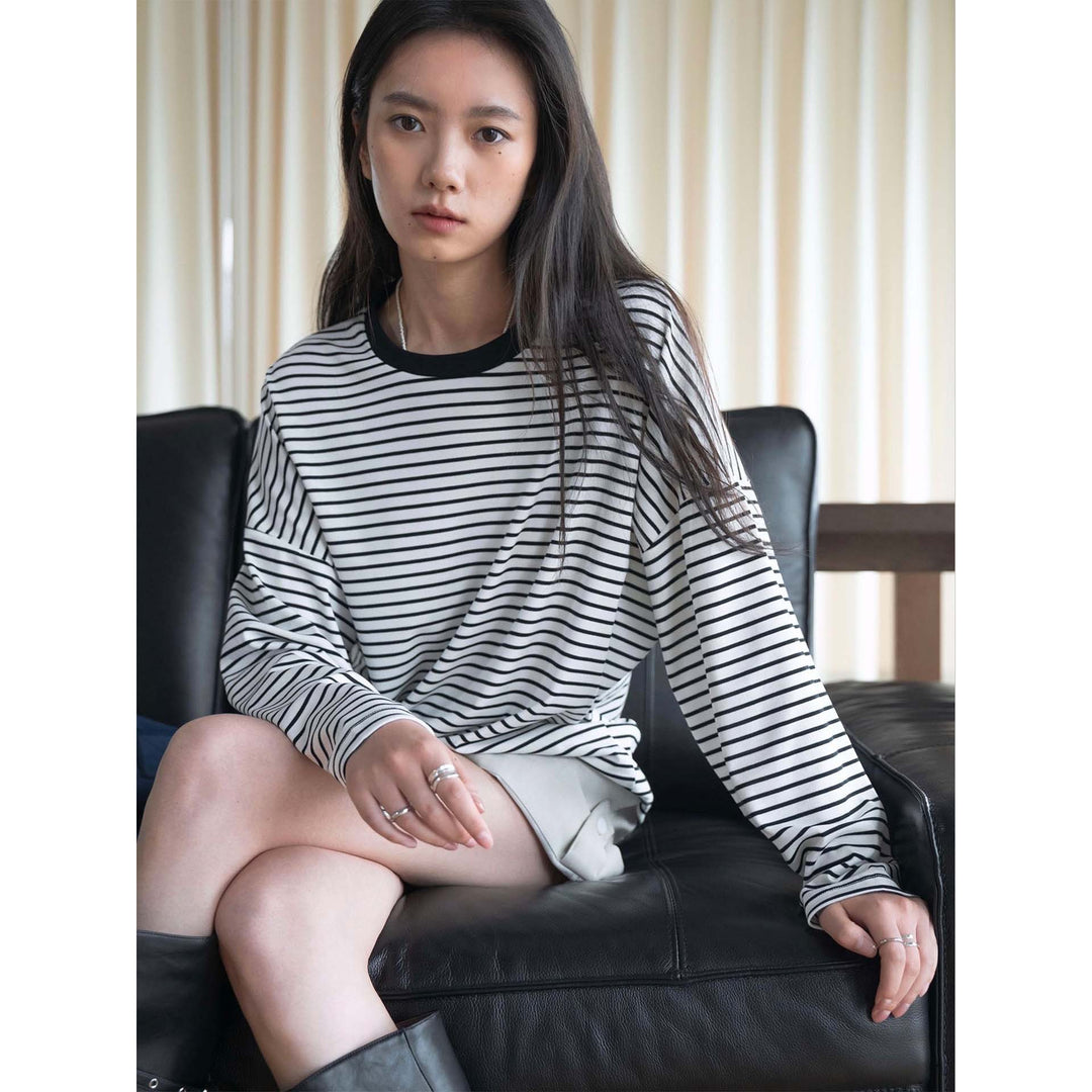 Women Oversized Stripe Long Sleeve Shirt with Contrasting Round Neckline Amarae