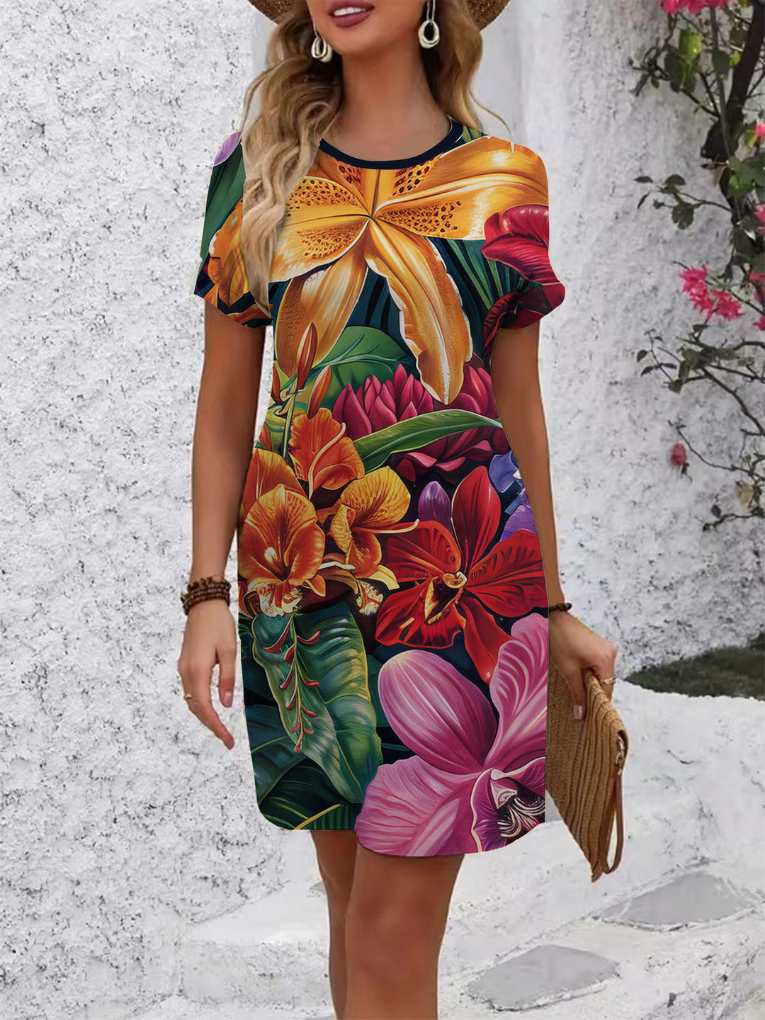 Women's comfortable casual dress with vibrant floral pattern and loose fit Lune London
