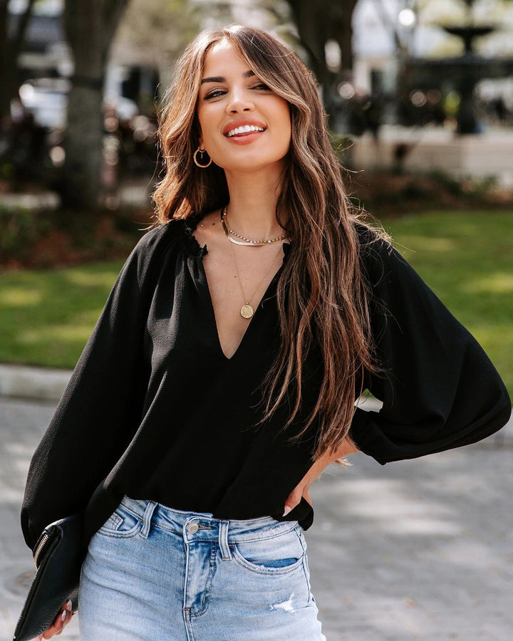 Blouse women with deep V-neck and elegant puff sleeves Lune London