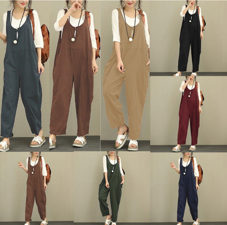 Women Casual Harem Jumpsuit made of Linen with Adjustable Straps and Side Pockets Amarae