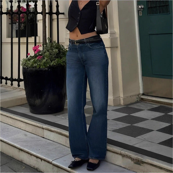 Ladies High-Waisted Wide-Leg Denim Jeans with Straight Hem and Light Used Effect Amarae