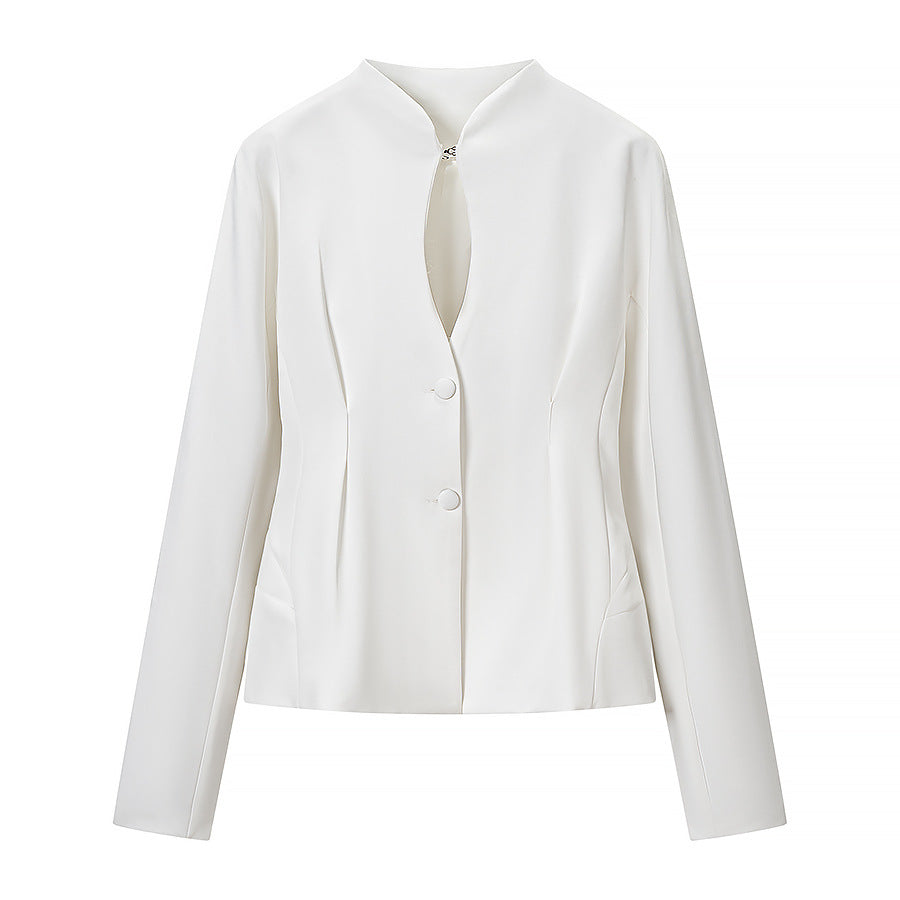 Women's Tailored Short Jacket with Stand Collar, Slit Neckline and Princess Seams Amarae