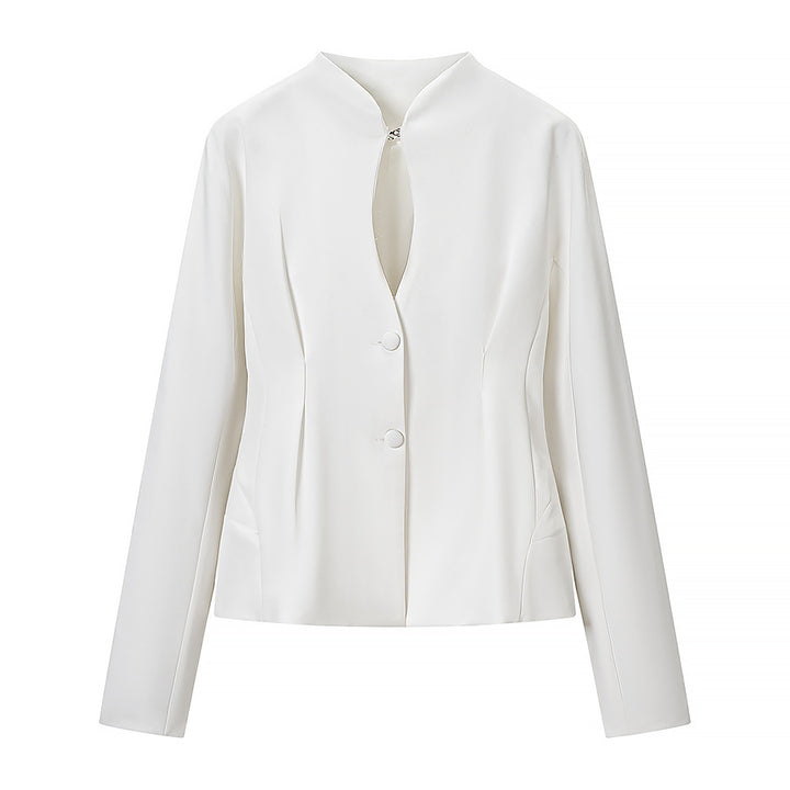 Women's Tailored Short Jacket with Stand Collar, Slit Neckline and Princess Seams Amarae