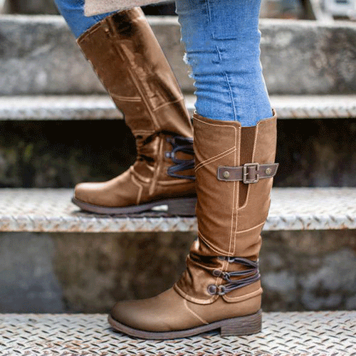 High leather boots for women with decorative buckles and elastic straps Amarae