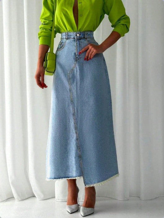 Ladies High-Waisted Maxi Denim Skirt with Asymmetrical Front Seam and Frayed Hem Amarae