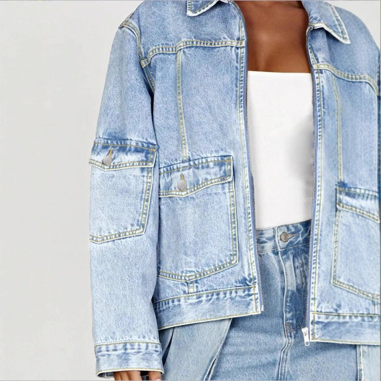 Women's Oversize Utility Denim Jacket with Large Flap Pockets and Zipper Amarae